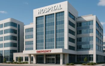 Modern hospital emergency entrance.